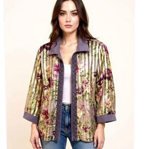 Vintage 90s DRESS BARN WOMAN Organza Rose Open Front Sheer Jacket Sz 14 L/XL